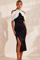 Load image into Gallery viewer, Black and White Sheath High Neck Cold Shoulder Midi Work Dress with Slit