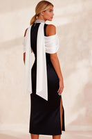Load image into Gallery viewer, Black and White Sheath High Neck Cold Shoulder Midi Work Dress with Slit