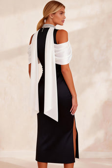 Black and White Sheath High Neck Cold Shoulder Midi Work Dress with Slit