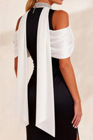 Load image into Gallery viewer, Black and White Sheath High Neck Cold Shoulder Midi Work Dress with Slit