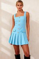 Load image into Gallery viewer, Sky Blue A Line Square Neck Pleated Short Work Dress with Buttons