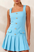 Load image into Gallery viewer, Sky Blue A Line Square Neck Pleated Short Work Dress with Buttons