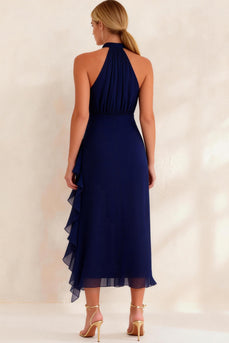 Navy Chiffon Halter Ruffled Ankle Length Work Dress with Slit