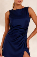 Load image into Gallery viewer, Navy Bateau Neck Ruched Short Work Dress with Slit