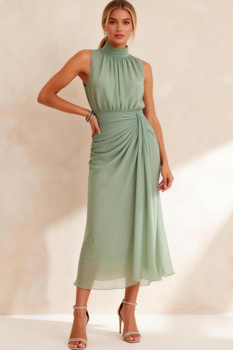 Load image into Gallery viewer, Sage Green Chiffon Sheath High Neck Ruched Midi Work Dress