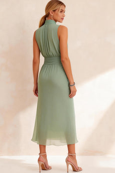 Sage Green Chiffon Sheath High Neck Ruched Midi Work Dress
