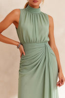 Load image into Gallery viewer, Sage Green Chiffon Sheath High Neck Ruched Midi Work Dress