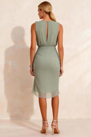 Load image into Gallery viewer, Dusty Sage Chiffon Round Neck Ruched Midi Work Dress with Slit