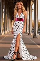 Load image into Gallery viewer, Black and White Mermaid Polka Dots Long V-Neck Prom Dress with Slit