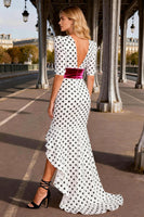 Load image into Gallery viewer, Black and White Ruffled Polka Dots Mermaid V-Neck Long Prom Dress with Sleeves