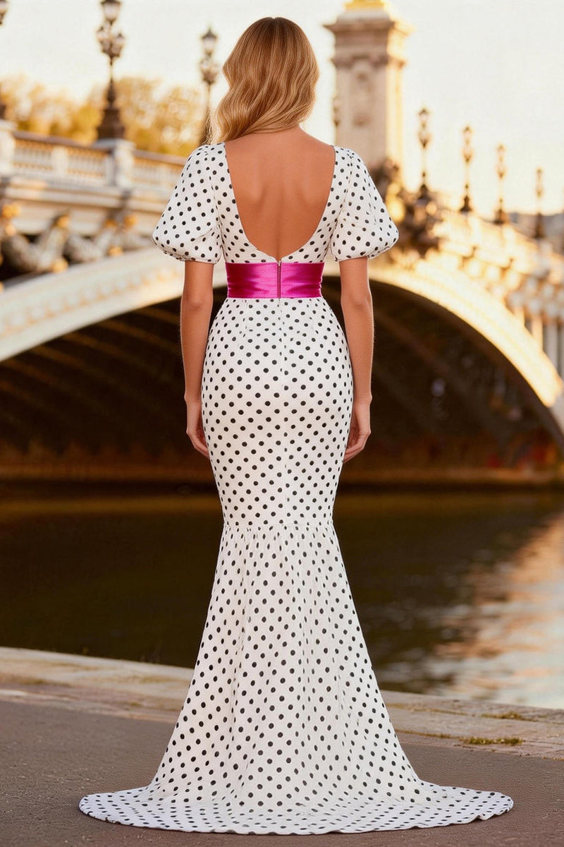 Load image into Gallery viewer, Black and White Polka Dots Ruffled Puff Sleeves Mermaid High-Low Prom Dress