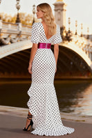 Load image into Gallery viewer, Black and White Puff Sleeves Polka Dots Mermaid Long Prom Dress with Slit
