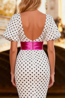 Load image into Gallery viewer, Black and White Polka Dots Ruffled Puff Sleeves Mermaid High-Low Prom Dress