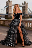 Load image into Gallery viewer, Polka Dots Black and White Off the Shoulder Ruffled Long Prom Dress with Slit