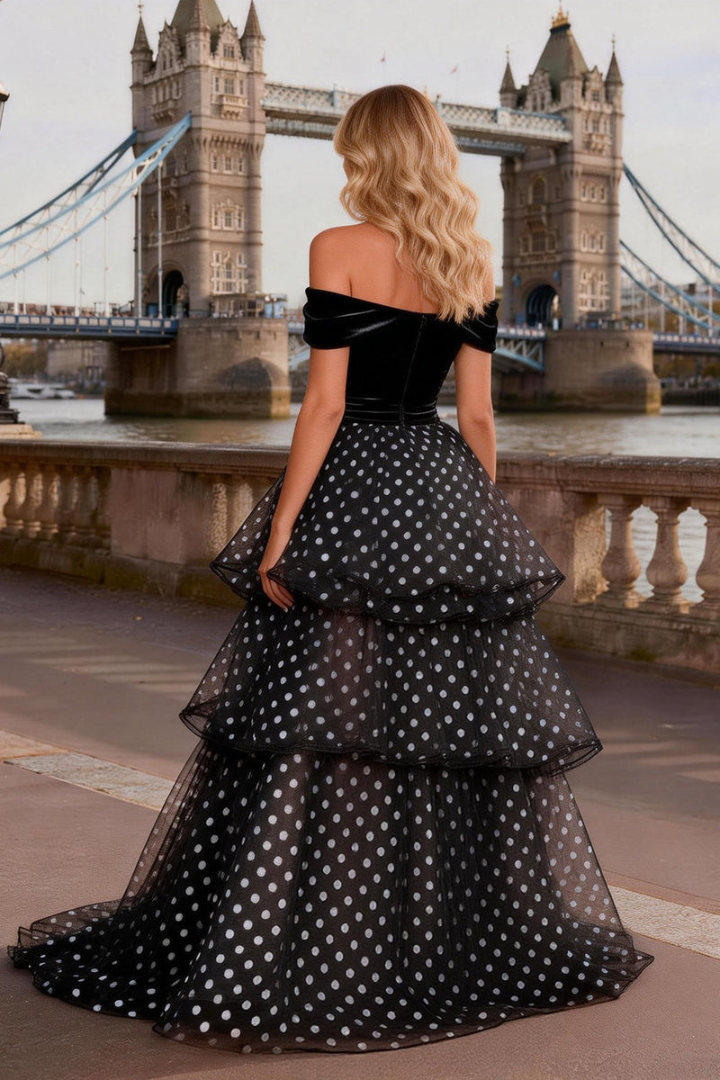 Load image into Gallery viewer, Polka Dots Black and White Off the Shoulder Ruffled Long Prom Dress with Slit