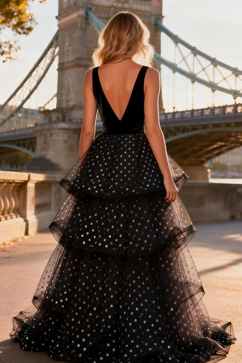 Load image into Gallery viewer, Polka Dots Black and White V Neck Ruffled Long Prom Dress with Slit