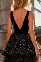 Load image into Gallery viewer, Polka Dots Black and White V Neck Ruffled Long Prom Dress with Slit