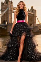 Load image into Gallery viewer, Polka Dots Black and White High Neck Tulle Long Ruffled Prom Dress with Slit