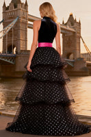 Load image into Gallery viewer, Polka Dots Black and White High Neck Tulle Long Ruffled Prom Dress with Slit