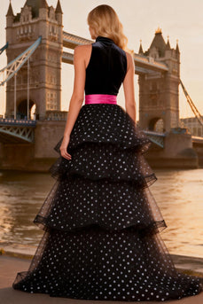 Polka Dots Black and White High Neck Tulle Long Ruffled Prom Dress with Slit