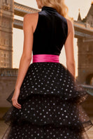 Load image into Gallery viewer, Polka Dots Black and White High Neck Tulle Long Ruffled Prom Dress with Slit