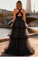 Load image into Gallery viewer, Black and White Ruffled Polka Dots Long A Line Prom Dress with Slit