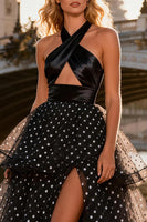 Load image into Gallery viewer, Black and White Ruffled Polka Dots Long A Line Prom Dress with Slit