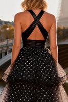 Load image into Gallery viewer, Black and White Ruffled Polka Dots Long A Line Prom Dress with Slit