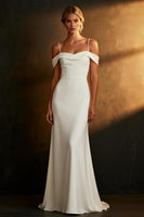 Load image into Gallery viewer, White Satin Mermaid Cold Shoulder Floor Length Rehearsal Dinner Dress