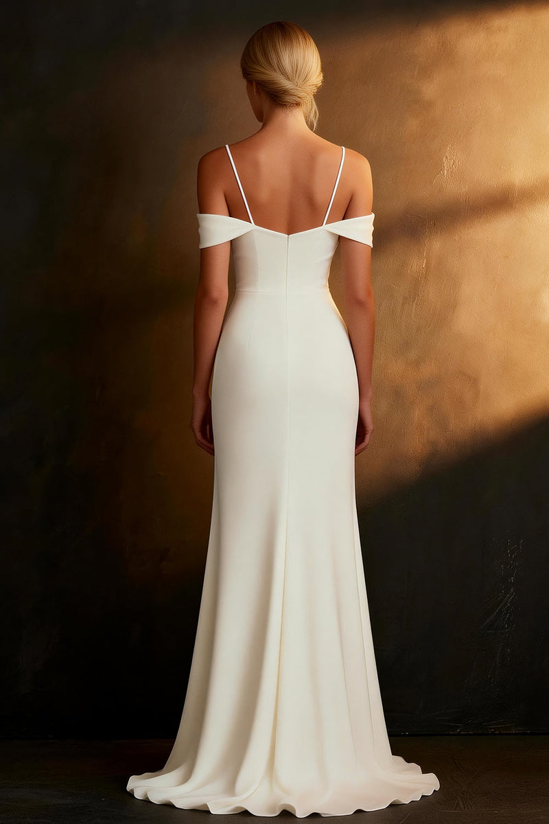 Load image into Gallery viewer, White Satin Mermaid Cold Shoulder Floor Length Rehearsal Dinner Dress