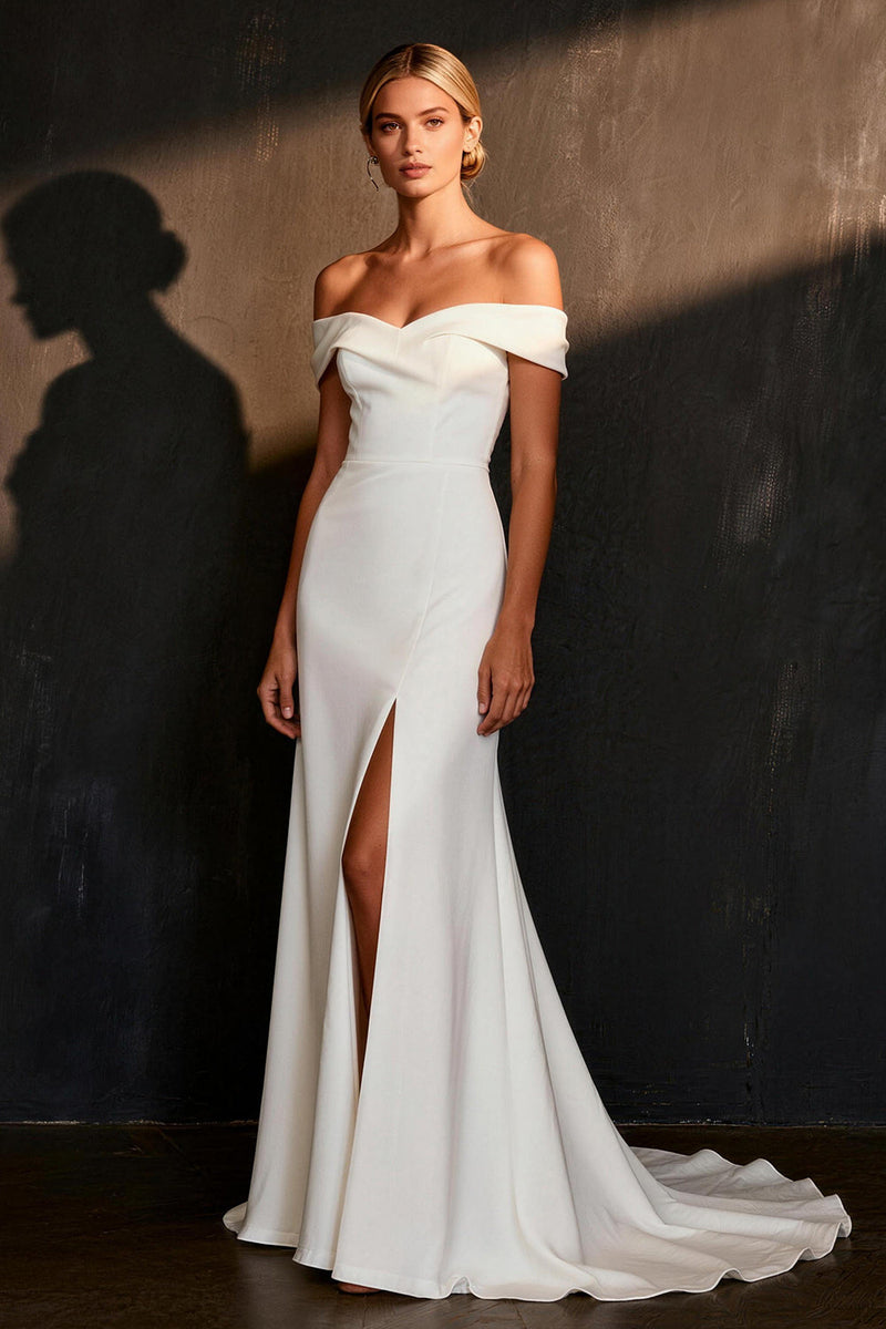 Load image into Gallery viewer, White Satin Mermaid Off The Shoulder Sweep Train Rehearsal Dinner Dress with Slit