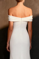 Load image into Gallery viewer, White Satin Mermaid Off The Shoulder Sweep Train Rehearsal Dinner Dress with Slit