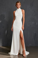 Load image into Gallery viewer, White Mermaid High Neck Floor Length Satin Rehearsal Dinner Dress with Slit