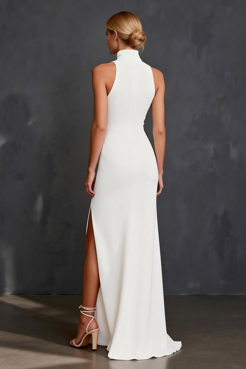 Load image into Gallery viewer, White Mermaid High Neck Floor Length Satin Rehearsal Dinner Dress with Slit