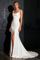 Load image into Gallery viewer, White Satin Mermaid Thick Straps Sweep train Rehearsal Dinner Dress with Slit