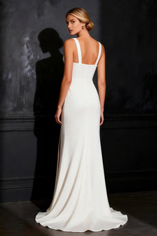 White Satin Mermaid Thick Straps Sweep train Rehearsal Dinner Dress with Slit