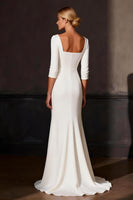 Load image into Gallery viewer, White Satin Sweep Train Mermaid Rehearsal Dinner Dress with Sleeves