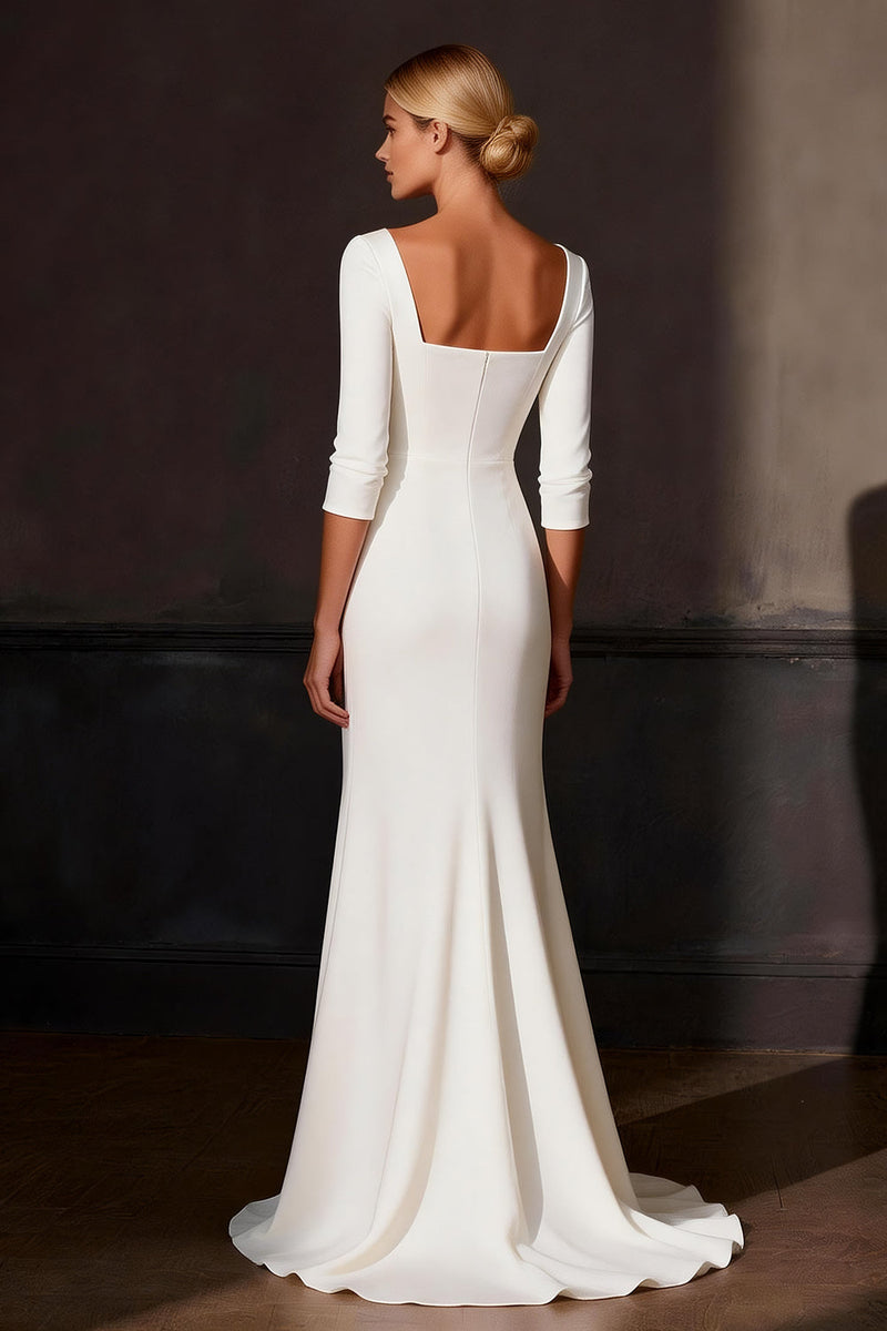 Load image into Gallery viewer, White Satin Sweep Train Mermaid Rehearsal Dinner Dress with Sleeves