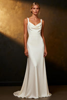 Load image into Gallery viewer, White Satin Mermaid Cowl Neck Sweep Train Rehearsal Dinner Dress
