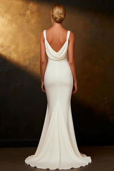 White Satin Mermaid Cowl Neck Sweep Train Rehearsal Dinner Dress