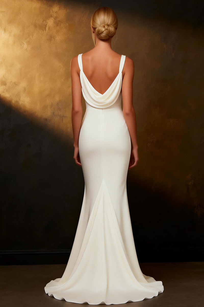 Load image into Gallery viewer, White Satin Mermaid Cowl Neck Sweep Train Rehearsal Dinner Dress