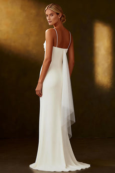 White Mermaid Spaghetti Straps Long Rehearsal Dinner Dress with Streamer