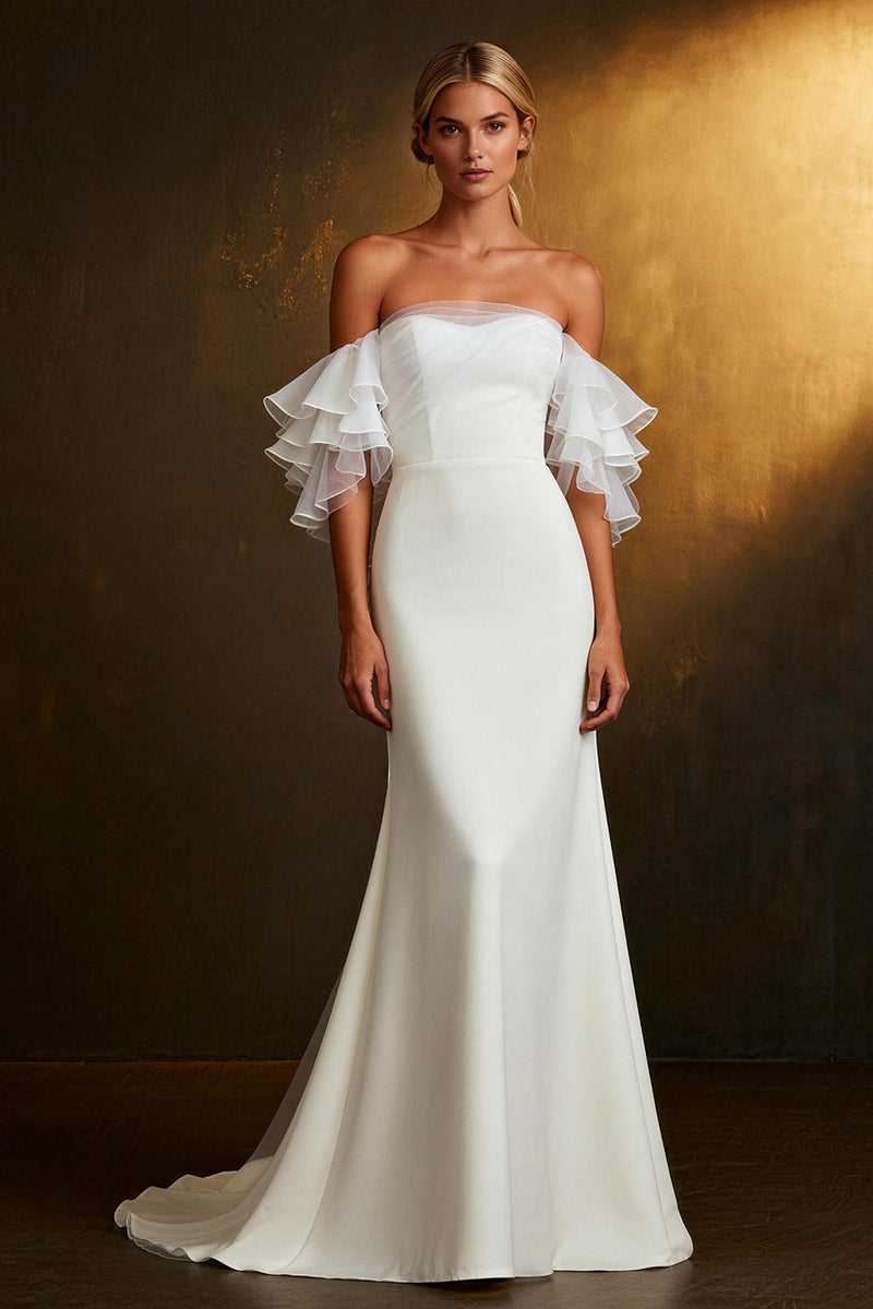 Load image into Gallery viewer, White Mermaid Off The Shoulder Ruffled Sleeves Sweep Train Rehearsal Dinner Dress