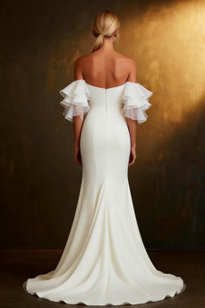 White Mermaid Off The Shoulder Ruffled Sleeves Sweep Train Rehearsal Dinner Dress