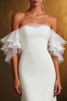 Load image into Gallery viewer, White Mermaid Off The Shoulder Ruffled Sleeves Sweep Train Rehearsal Dinner Dress