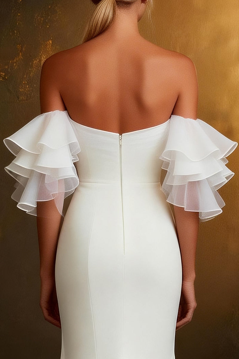 Load image into Gallery viewer, White Mermaid Off The Shoulder Ruffled Sleeves Sweep Train Rehearsal Dinner Dress