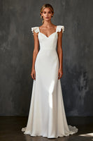 Load image into Gallery viewer, White Satin Cap Sleeves Mermaid Sweep Train Rehearsal Dinner Dress with Ruffles