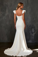 Load image into Gallery viewer, White Satin Cap Sleeves Mermaid Sweep Train Rehearsal Dinner Dress with Ruffles