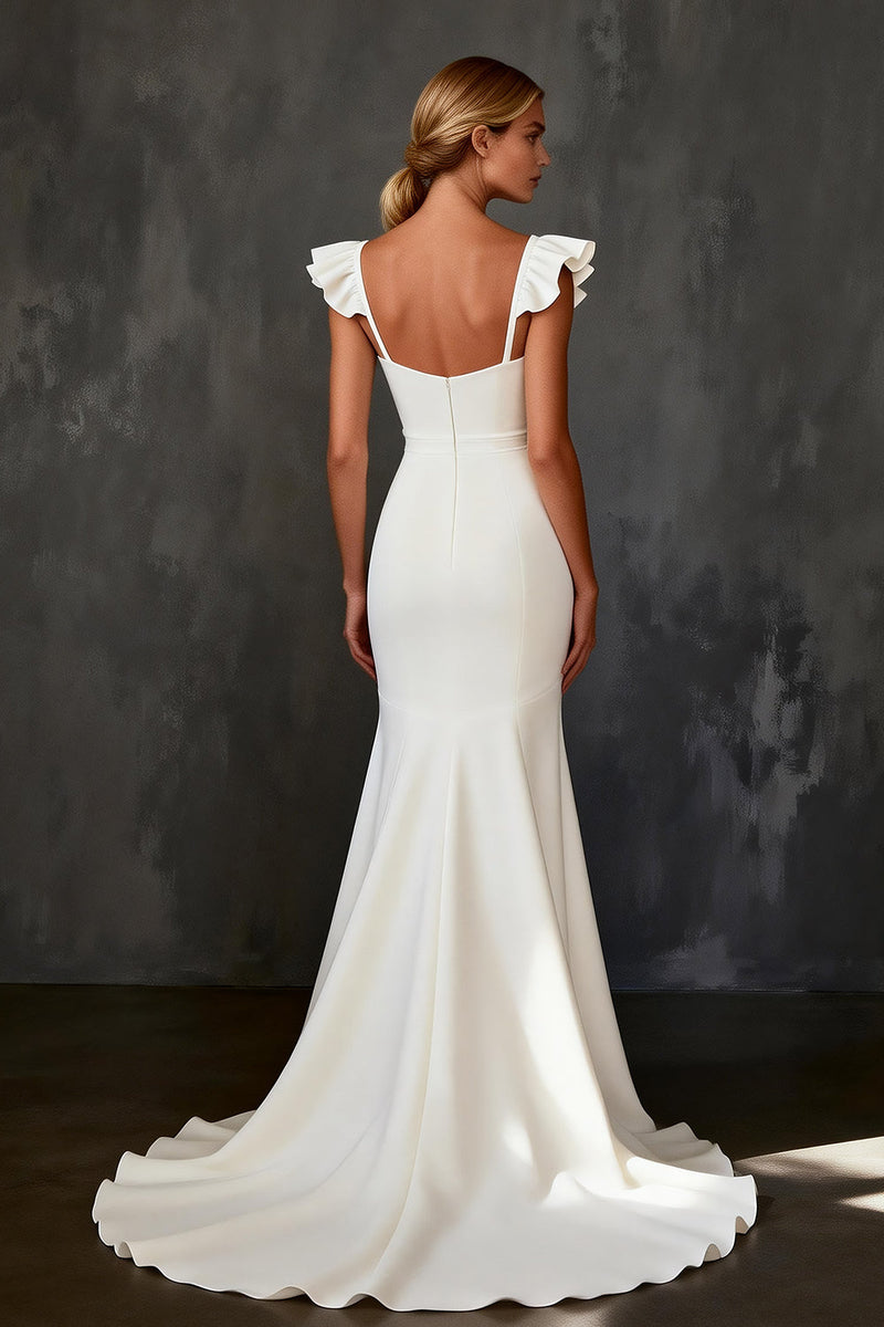 Load image into Gallery viewer, White Satin Cap Sleeves Mermaid Sweep Train Rehearsal Dinner Dress with Ruffles