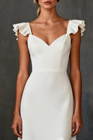 Load image into Gallery viewer, White Satin Cap Sleeves Mermaid Sweep Train Rehearsal Dinner Dress with Ruffles